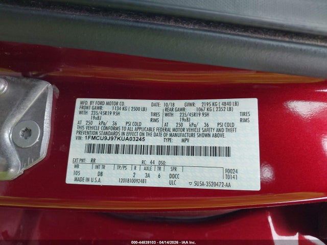 Aukcja sprzedaży 2019 Ford Escape Titanium, vin: 1FMCU9J97KUA03245, numer aukcji: 44839103