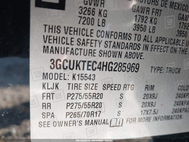 Продаж на аукціоні авто 2017 Chevrolet Silverado 1500 High Country, vin: 3GCUKTEC4HG285969, номер лоту: 44839112