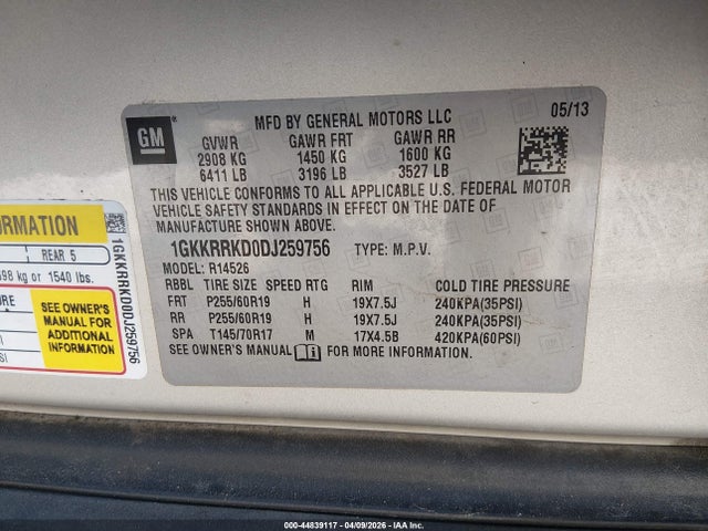 Продаж на аукціоні авто 2013 Gmc Acadia Slt-1, vin: 1GKKRRKD0DJ259756, номер лоту: 44839117