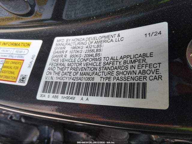 Aukcja sprzedaży 2025 Honda Accord Se, vin: 1HGCY1F42SA010808, numer aukcji: 44839124