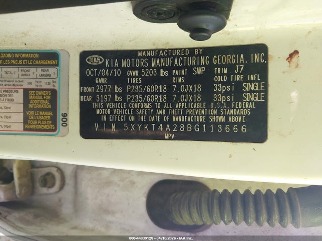44839128 :رقم المزاد ، 5XYKT4A28BG113666 vin ، 2011 Kia Sorento Lx V6 مزاد بيع