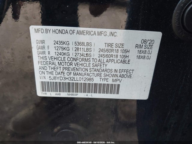 Продаж на аукціоні авто 2020 Acura Mdx Standard, vin: 5J8YD3H32LL012985, номер лоту: 44839149