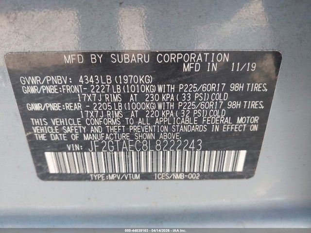 2020 Subaru Crosstrek Premium მანქანა იყიდება აუქციონზე, vin: JF2GTAEC8L8222243, აუქციონის ნომერი: 44839163