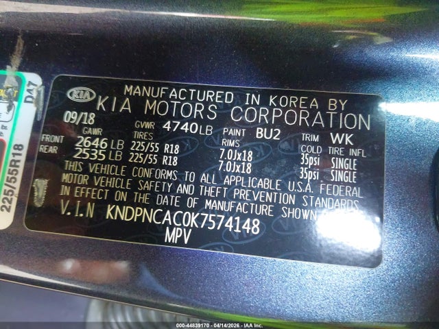 Auction sale of the 2019 Kia Sportage Ex, vin: KNDPNCAC0K7574148, lot number: 44839170