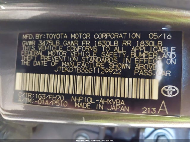 Aukcja sprzedaży 2016 Toyota Prius C One, vin: JTDKDTB36G1129922, numer aukcji: 44839171