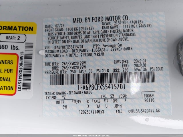 Продажа на аукционе авто 2025 Ford Mustang Gt Premium Fastback, vin: 1FA6P8CFXS5415701, номер лота: 44839197
