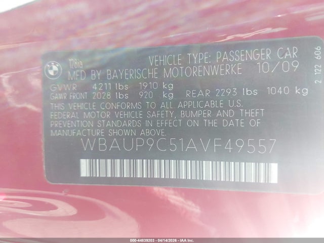44839203 :رقم المزاد ، WBAUP9C51AVF49557 vin ، 2010 Bmw 128i مزاد بيع