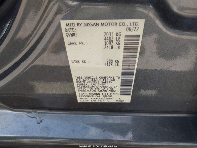 44839211 :رقم المزاد ، 1N4BL4DW0NN396095 vin ، 2022 Nissan Altima Sv Intelligent Awd مزاد بيع