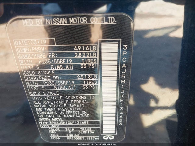2019 Infiniti Qx50 Luxe მანქანა იყიდება აუქციონზე, vin: 3PCAJ5M13KF134653, აუქციონის ნომერი: 44839223