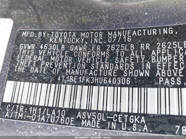 2017 Toyota Camry Xle მანქანა იყიდება აუქციონზე, vin: 4T1BF1FK3HU640306, აუქციონის ნომერი: 44839227