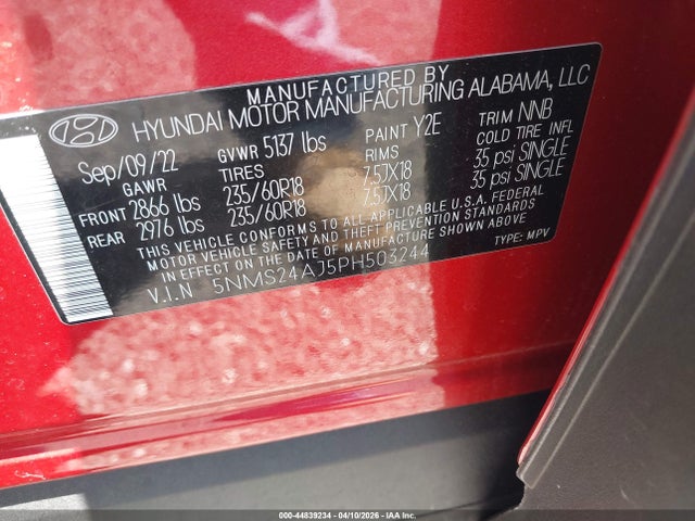 2023 Hyundai Santa Fe Sel მანქანა იყიდება აუქციონზე, vin: 5NMS24AJ5PH503244, აუქციონის ნომერი: 44839234
