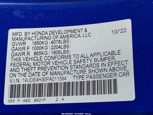 2023 Acura Integra A-spec მანქანა იყიდება აუქციონზე, vin: 19UDE4H30PA011594, აუქციონის ნომერი: 44839244