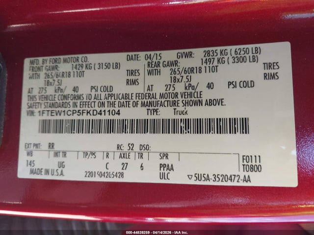 44839259 :رقم المزاد ، 1FTEW1CP5FKD41104 vin ، 2015 Ford F-150 Xlt مزاد بيع
