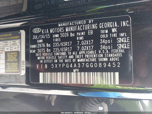 5XYPG4A37GG089452 KIA Sorento 2.4l Lx