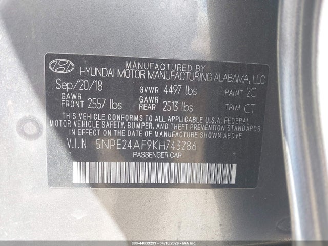 44839291 :رقم المزاد ، 5NPE24AF9KH743286 vin ، 2019 Hyundai Sonata Se مزاد بيع