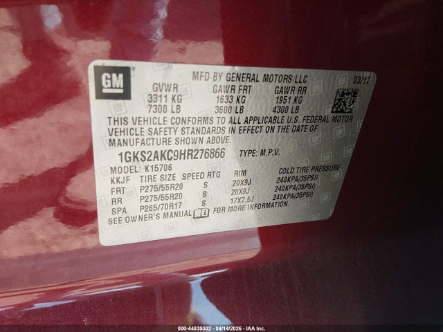 44839302 :رقم المزاد ، 1GKS2AKC9HR276866 vin ، 2017 Gmc Yukon Sle مزاد بيع
