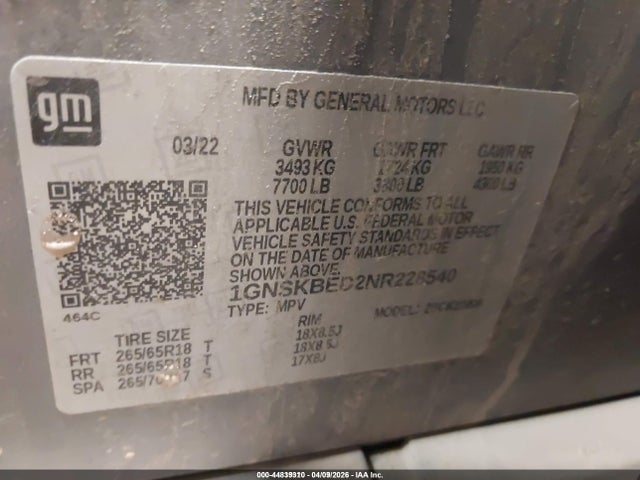 1GNSKBED2NR228540 Chevrolet Suburban 4wd Ls