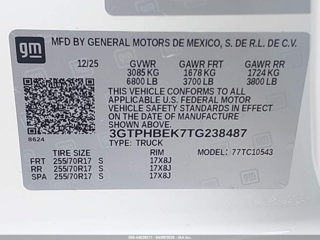 Продаж на аукціоні авто 2026 Gmc Sierra 1500 , Short Bed, Sle, Rwd, vin: 3GTPHBEK7TG238487, номер лоту: 44839311