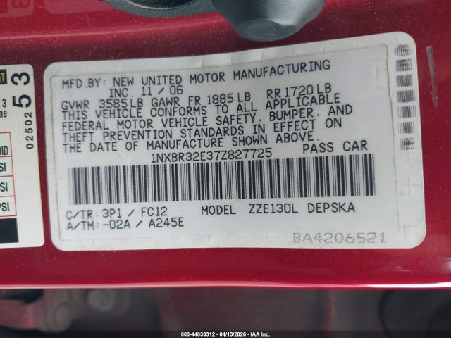 Aukcja sprzedaży 2007 Toyota Corolla S, vin: 1NXBR32E37Z827725, numer aukcji: 44839312