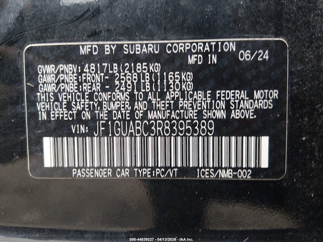 Aukcja sprzedaży 2024 Subaru Impreza Base 5-door, vin: JF1GUABC3R8395389, numer aukcji: 44839327