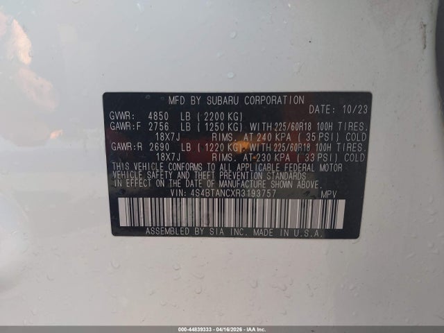 2024 Subaru Outback Limited მანქანა იყიდება აუქციონზე, vin: 4S4BTANCXR3193757, აუქციონის ნომერი: 44839333
