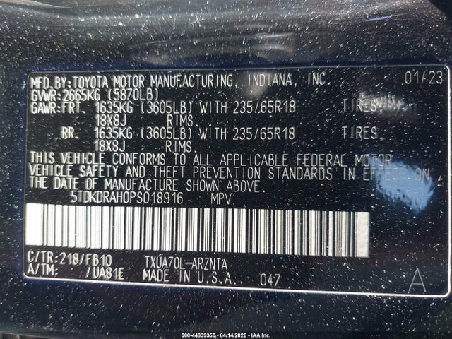 2023 Toyota Highlander L მანქანა იყიდება აუქციონზე, vin: 5TDKDRAH0PS018916, აუქციონის ნომერი: 44839350