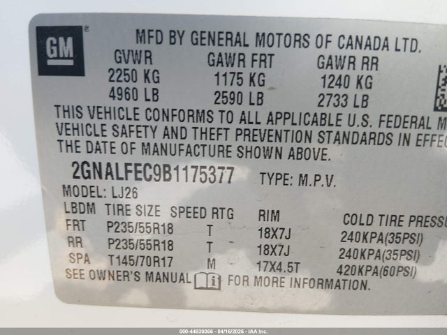 Aukcja sprzedaży 2011 Chevrolet Equinox Ltz, vin: 2GNALFEC9B1175377, numer aukcji: 44839366