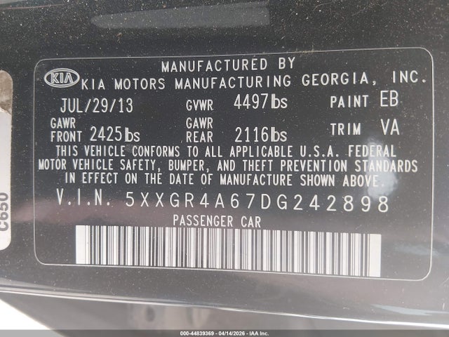 Продажа на аукционе авто 2013 Kia Optima Sx, vin: 5XXGR4A67DG242898, номер лота: 44839369