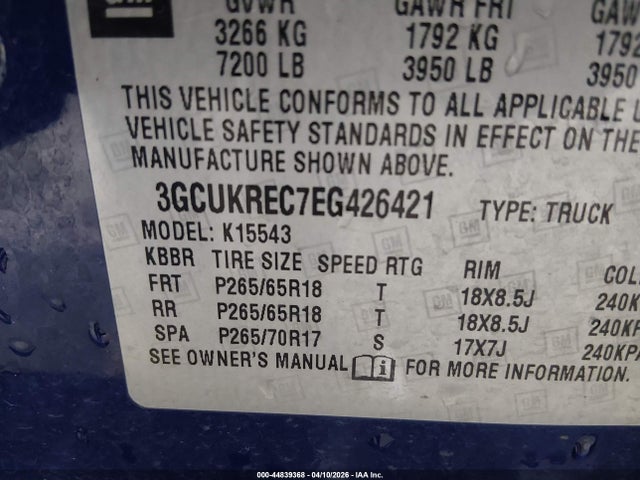 Продажа на аукционе авто 2014 Chevrolet Silverado 1500 1lt, vin: 3GCUKREC7EG426421, номер лота: 44839368