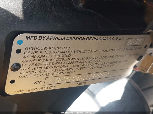 44839378 :رقم المزاد ، ZD4XGUA01TS000862 vin ، 2026 Aprilia Rs 660 مزاد بيع