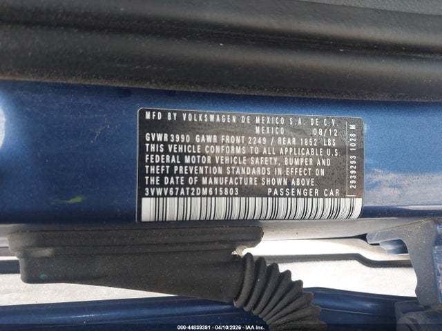 44839391 :رقم المزاد ، 3VWV67AT2DM615803 vin ، 2013 Volkswagen Beetle Turbo مزاد بيع