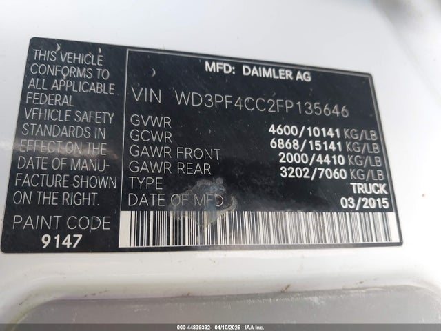 2015 Mercedes-benz Sprinter 3500 High  Roof მანქანა იყიდება აუქციონზე, vin: WD3PF4CC2FP135646, აუქციონის ნომერი: 44839392