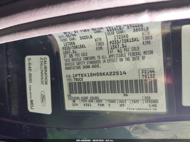 1995 Ford F150 მანქანა იყიდება აუქციონზე, vin: 1FTEX15H0SKA22514, აუქციონის ნომერი: 44839396