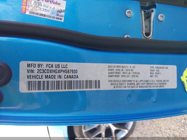 Продажа на аукционе авто 2023 Dodge Charger Gt, vin: 2C3CDXHGXPH587930, номер лота: 44839405