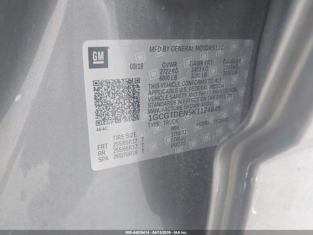 Aukcja sprzedaży 2019 Chevrolet Colorado Z71, vin: 1GCGTDEN5K1124845, numer aukcji: 44839414