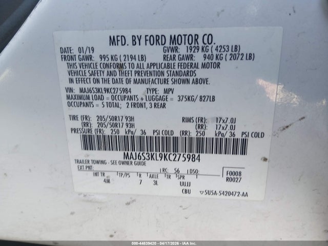 Aukcja sprzedaży 2019 Ford Ecosport Titanium, vin: MAJ6S3KL9KC275984, numer aukcji: 44839420