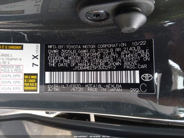 Продаж на аукціоні авто 2023 Toyota Corolla Le, vin: JTDB4MEE5P3002912, номер лоту: 44839427