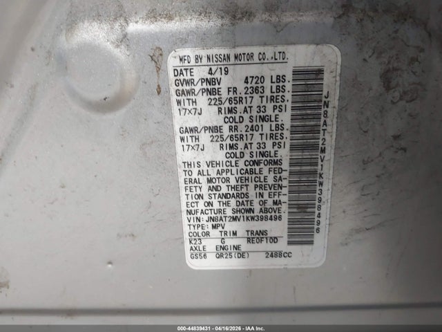 2019 Nissan Rogue Sv მანქანა იყიდება აუქციონზე, vin: JN8AT2MV1KW398496, აუქციონის ნომერი: 44839431