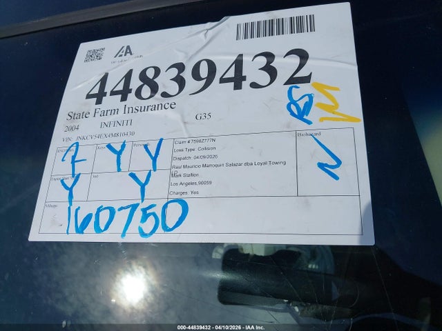 Aukcja sprzedaży 2004 Infiniti G35, vin: JNKCV54EX4M810430, numer aukcji: 44839432