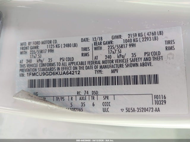 44839488 :رقم المزاد ، 1FMCU9GD6KUA64212 vin ، 2019 Ford Escape Se مزاد بيع
