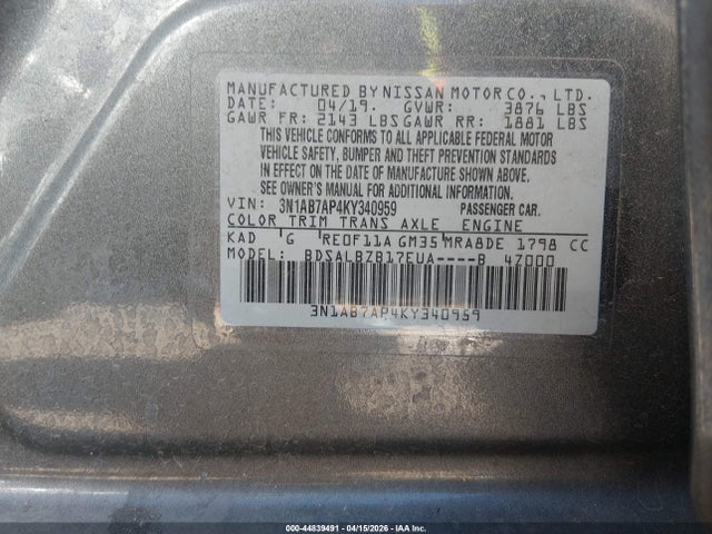 Aukcja sprzedaży 2019 Nissan Sentra S, vin: 3N1AB7AP4KY340959, numer aukcji: 44839491