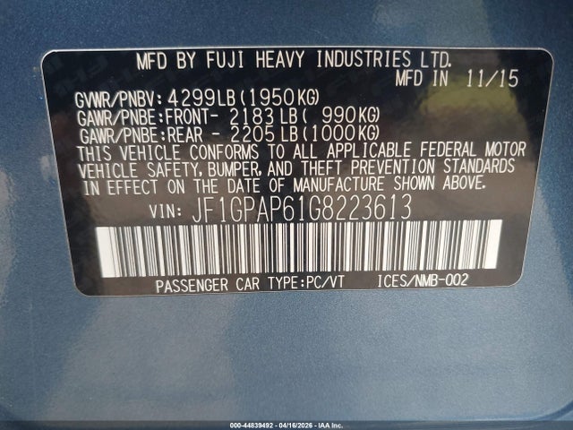 44839492 :رقم المزاد ، JF1GPAP61G8223613 vin ، 2016 Subaru Impreza 2.0i Sport Premium مزاد بيع