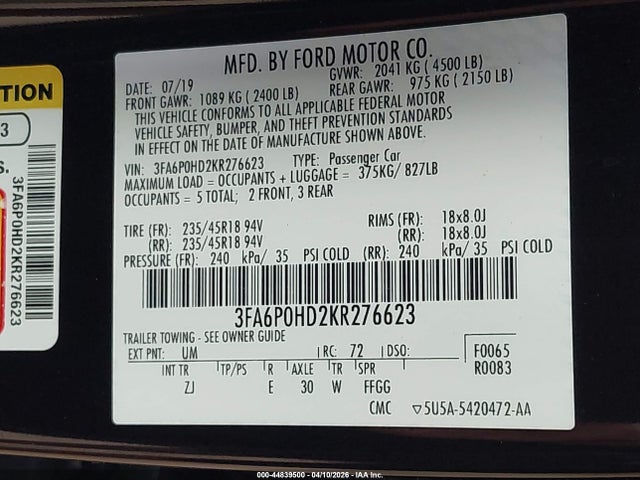 Ford FUSION SE 2019 3FA6P0HD2KR276623 Image 9
