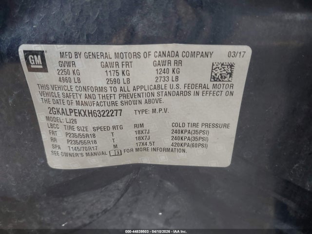 Продажа на аукционе авто 2017 Gmc Terrain Slt, vin: 2GKALPEKXH6322277, номер лота: 44839503