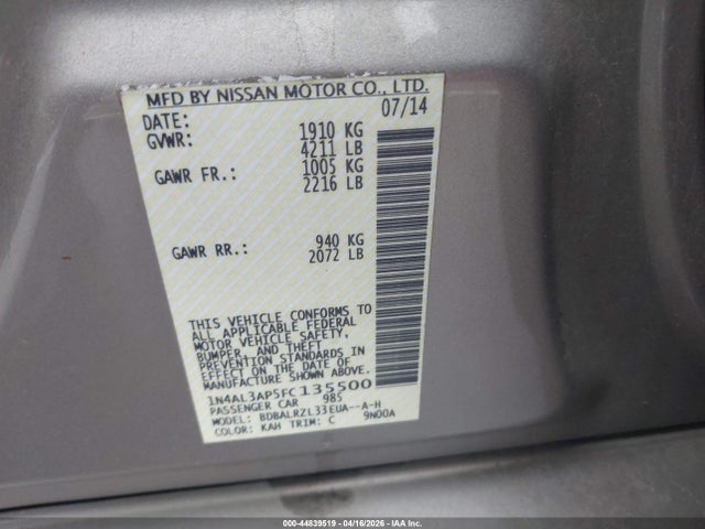44839519 :رقم المزاد ، 1N4AL3AP5FC135500 vin ، 2015 Nissan Altima 2.5 Sl مزاد بيع