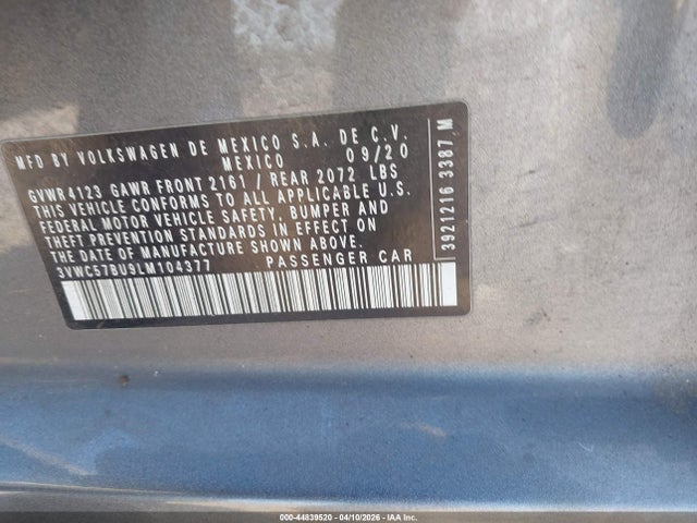 44839520 :رقم المزاد ، 3VWC57BU9LM104377 vin ، 2020 Volkswagen Jetta 1.4t R-line/1.4t S/1.4t Se مزاد بيع