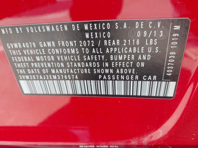 2014 Volkswagen Jetta 2.0l S მანქანა იყიდება აუქციონზე, vin: 3VW2K7AJ2EM376574, აუქციონის ნომერი: 44839529