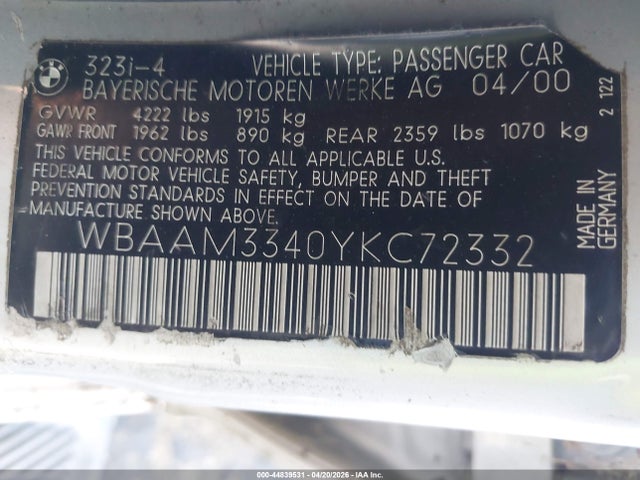 2000 Bmw 323i მანქანა იყიდება აუქციონზე, vin: WBAAM3340YKC72332, აუქციონის ნომერი: 44839531