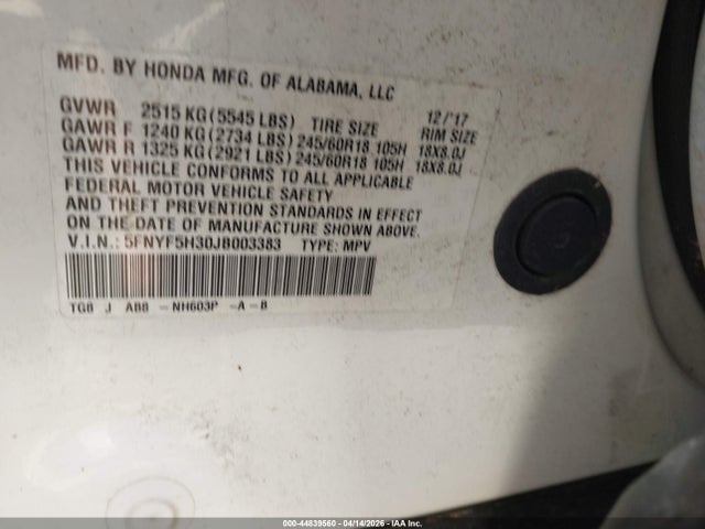 Aukcja sprzedaży 2018 Honda Pilot Ex, vin: 5FNYF5H30JB003383, numer aukcji: 44839560