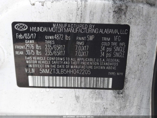 2017 Hyundai Santa Fe Sport 2.4l მანქანა იყიდება აუქციონზე, vin: 5NMZT3LB5HH042205, აუქციონის ნომერი: 44839564